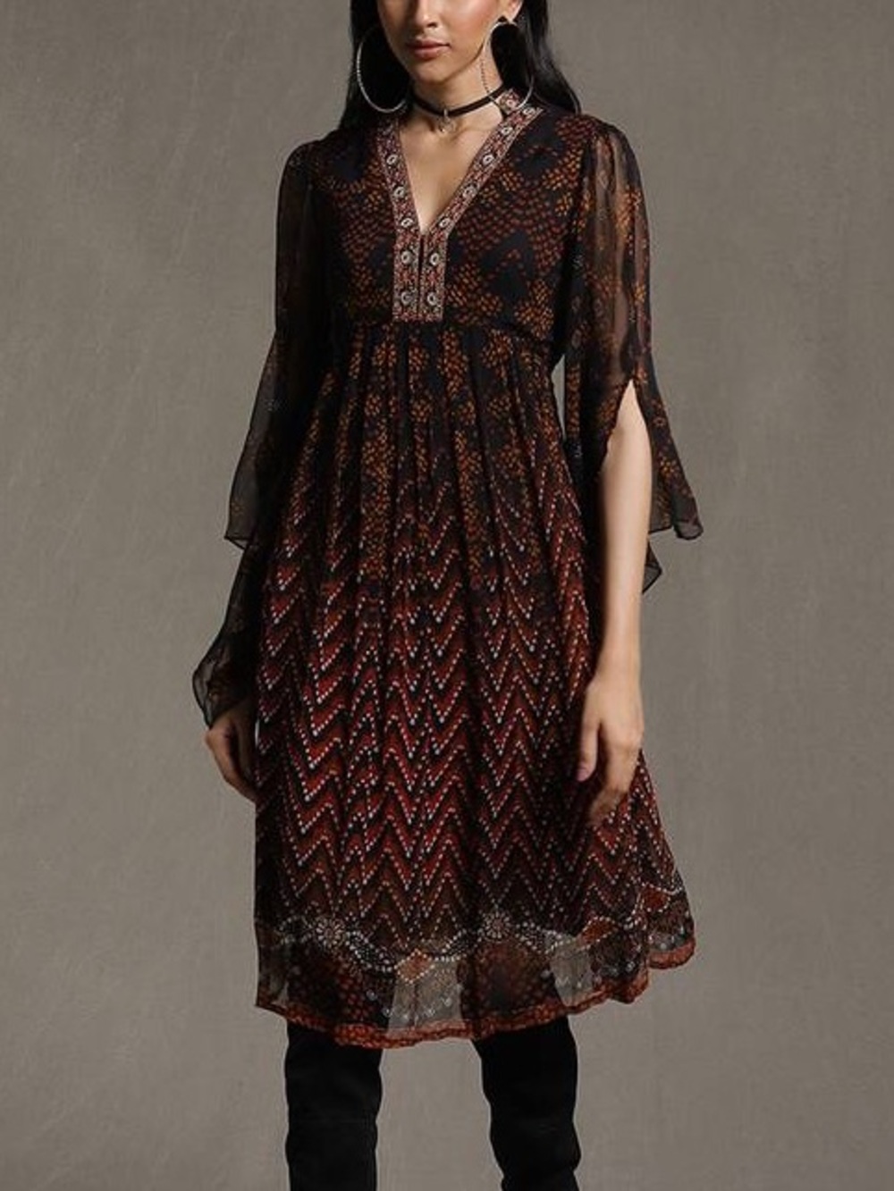 Ritu Kumar Boho Midi Dress XS Black Rust Embroidered Batwing Festival